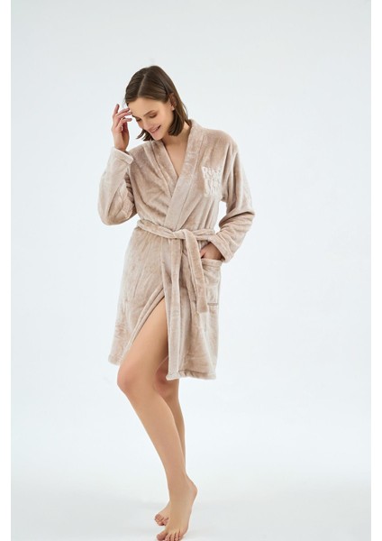 Kadın Yumuşak Dokulu Cepli Kemerli Bej Sabahlık C6T7N071