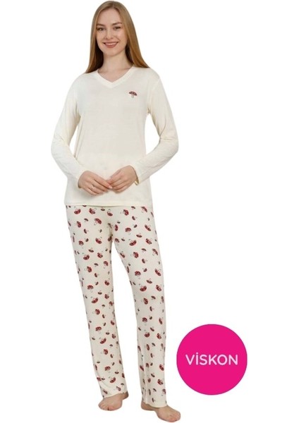 Kadın V Yaka Düğmesiz Mantar Desen Likralı Viskon Mevsimlik Uzun Kol Pijama Takımı