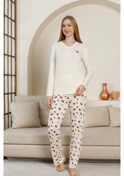 Kadın V Yaka Düğmesiz Mantar Desen Likralı Viskon Mevsimlik Uzun Kol Pijama Takımı fiyatları