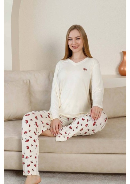 Kadın V Yaka Düğmesiz Mantar Desen Likralı Viskon Mevsimlik Uzun Kol Pijama Takımı fırsatları