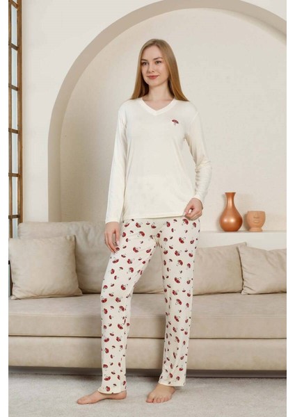 Kadın V Yaka Düğmesiz Mantar Desen Likralı Viskon Mevsimlik Uzun Kol Pijama Takımı indirimleri