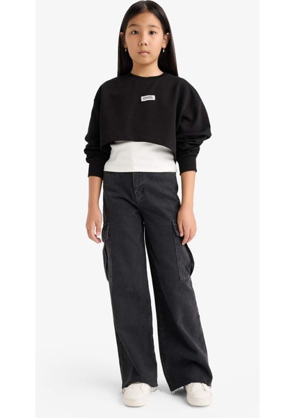 Kız Çocuk 2'li Takım Relax Fit Bisiklet Yaka Baskılı Sweatshirt Atlet F2797A825AU