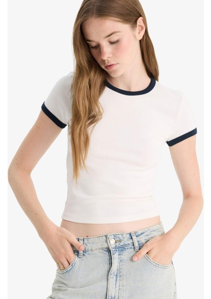 Fitted Bisiklet Yaka Ribana Kısa Kollu Tişört F9823AX25AU