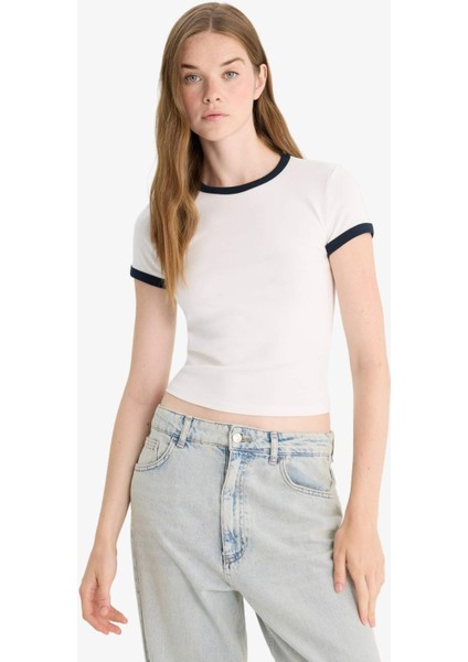 Fitted Bisiklet Yaka Ribana Kısa Kollu Tişört F9823AX25AU