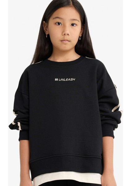 Kız Çocuk Oversize Geniş Kalıp Bisiklet Yaka Baskılı Sweatshirt F2795A825AU