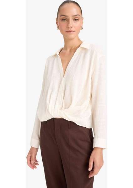 Regular Fit Gömlek Yaka Pamuklu Uzun Kollu Bluz F9998AX25AU