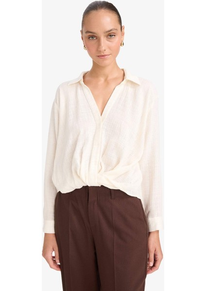 Regular Fit Gömlek Yaka Pamuklu Uzun Kollu Bluz F9998AX25AU