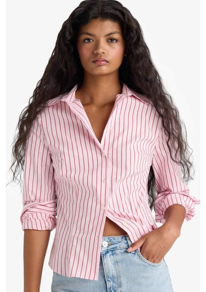 Fitted Çizgili Poplin Uzun Kollu Gömlek F9209AX25AU