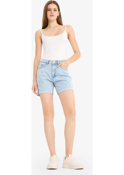 Boyfriend Yüksek Bel Duble Paça Jean Şort E0934AX25AU
