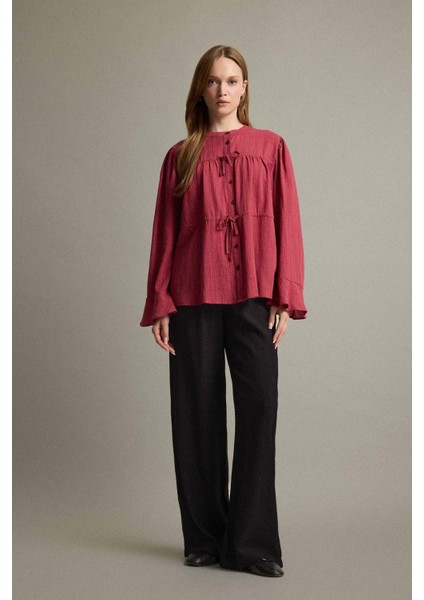 Regular Fit Bisiklet Yaka Flamlı Pamuk Uzun Kollu Tunik