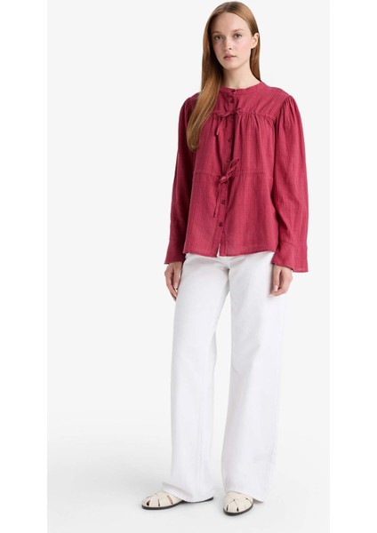 Regular Fit Bisiklet Yaka Flamlı Pamuk Uzun Kollu Tunik