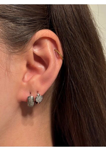 Xuping 2’li Küpe Seti Taşlı Gümüş Renk Kadın Halka Küpe Seti & Işıltılı Kalpli ve Modern Model Kombn