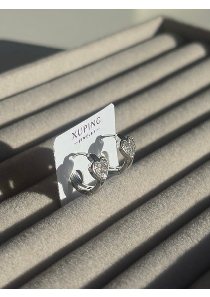 Xuping 2’li Küpe Seti Taşlı Gümüş Renk Kadın Halka Küpe Seti & Işıltılı Kalpli ve Modern Model Kombn modelleri