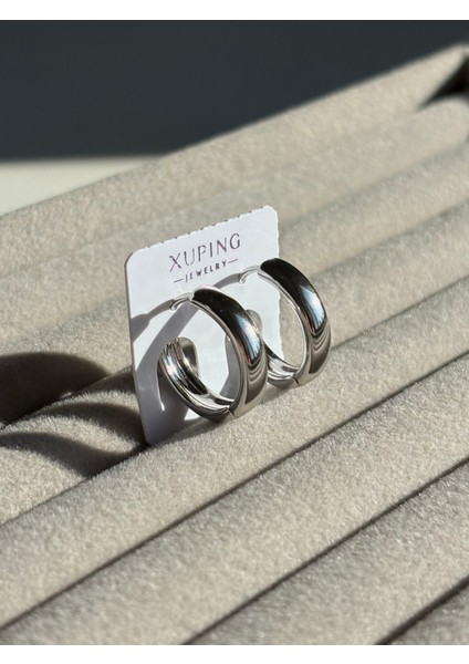 Xuping Çelik Küpe Core Silver Kadın Küpe & Gümüş Renk Düz Parlak Halka Model Eternal Sunshine