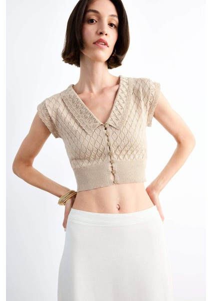 Crop Büyük Yaka Düğmeli Triko Atlet F7500AX25SM