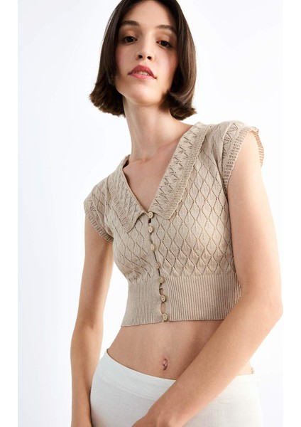 Crop Büyük Yaka Düğmeli Triko Atlet F7500AX25SM