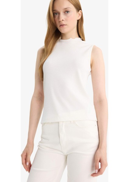 Slim Fit Dar Kesim Yarım Balıkçı Yaka Fitilli Kaşkorse Kolsuz Tunik G0050AX25HS