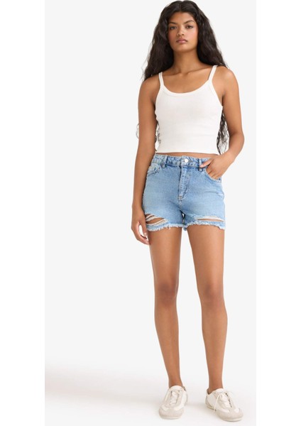 Yüksek Bel Paça Ucu Kesik Jean Şort E0504AX25AU