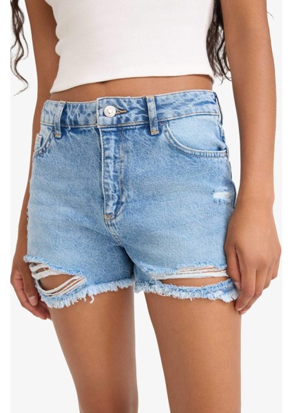 Yüksek Bel Paça Ucu Kesik Jean Şort E0504AX25AU