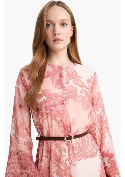 Kaçık Yaka Şal Desenli Uzun Kollu Kemerli Şifon Maxi Elbise G0016AX25AU