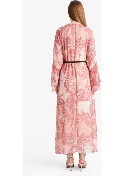 Kaçık Yaka Şal Desenli Uzun Kollu Kemerli Şifon Maxi Elbise G0016AX25AU