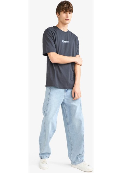 Boxy Fit Bisiklet Yaka Sırt Baskılı Kısa Kollu Tişört G0011AX25HS