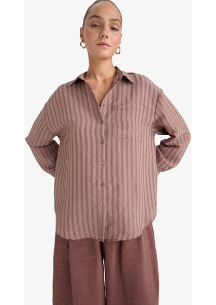 Oversize Geniş Kalıp Çizgili Modal Uzun Kollu Gömlek G0044AX25AU