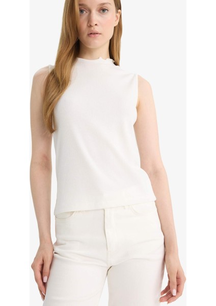 Slim Fit Dar Kesim Yarım Balıkçı Yaka Fitilli Kaşkorse Kolsuz Tunik G0050AX25HS