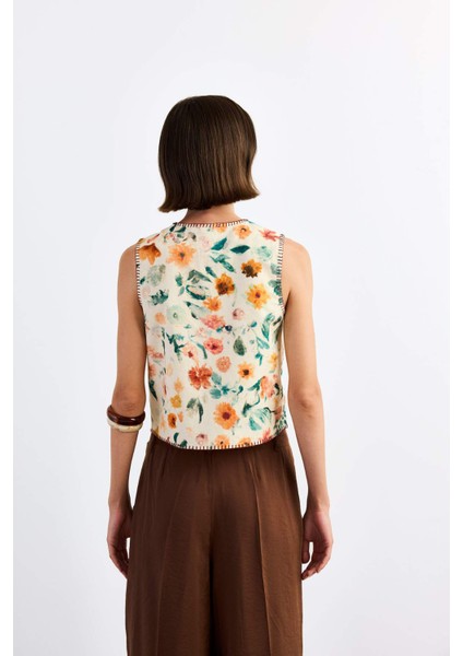 Fitted Çiçek Desenli Önden Bağlamalı Poplin Yelek F9940AX25SM