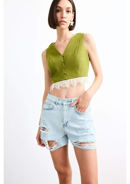 Fitted Düğmeli Dantel Detaylı Yelek F9942AX25SM