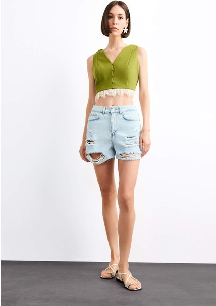 Fitted Düğmeli Dantel Detaylı Yelek F9942AX25SM