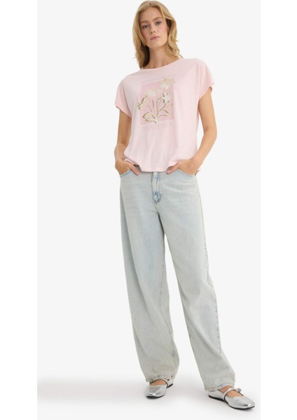 Bisiklet Yaka Çiçekli Kısa Kollu Tişört F5099AX25AU