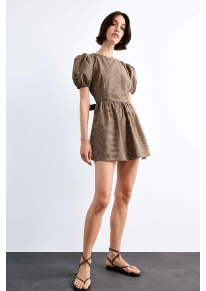 Fitted Kareli Poplin Kısa Kollu Mini Elbise F9944AX25SM