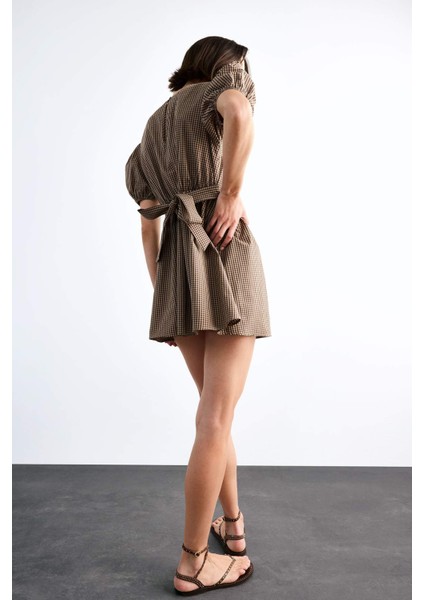 Fitted Kareli Poplin Kısa Kollu Mini Elbise F9944AX25SM