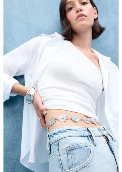 Kadın Mavi Taşlı Çiçekli Silver Bel Zinciri G0110AXNS