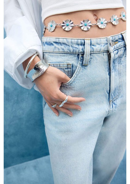 Kadın Mavi Taşlı Çiçekli Silver Bel Zinciri G0110AXNS