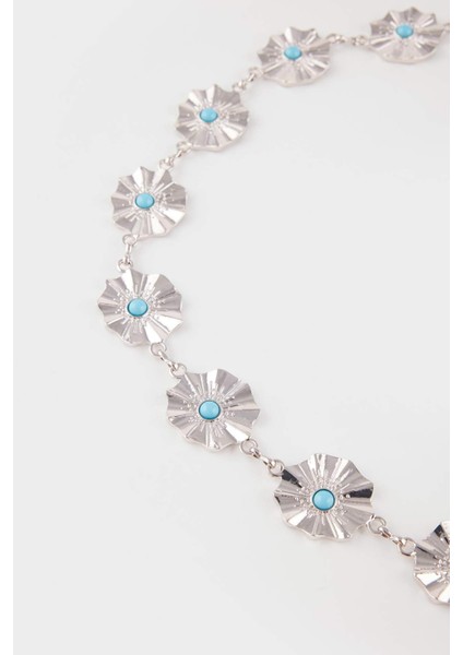 Kadın Mavi Taşlı Çiçekli Silver Bel Zinciri G0110AXNS