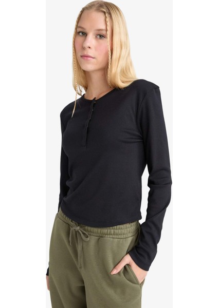 Coool Fitted Düğmeli Yaka Ribana Uzun Kollu Tişört E7680AX25AU