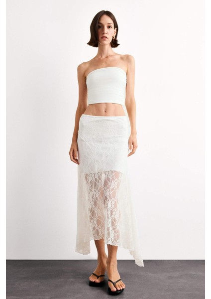 Beli Lastikli Yarım Astar Dantel Midi Etek F8041AX25SM