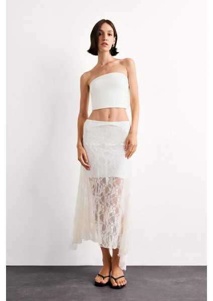 Beli Lastikli Yarım Astar Dantel Midi Etek F8041AX25SM