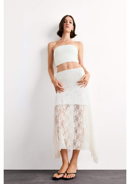 Beli Lastikli Yarım Astar Dantel Midi Etek F8041AX25SM