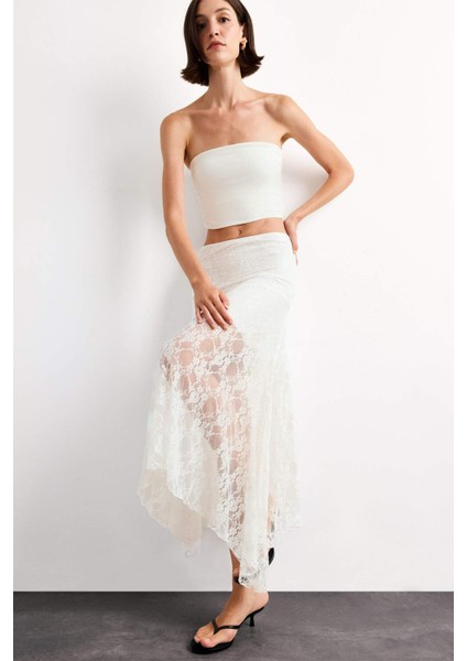 Beli Lastikli Yarım Astar Dantel Midi Etek F8041AX25SM