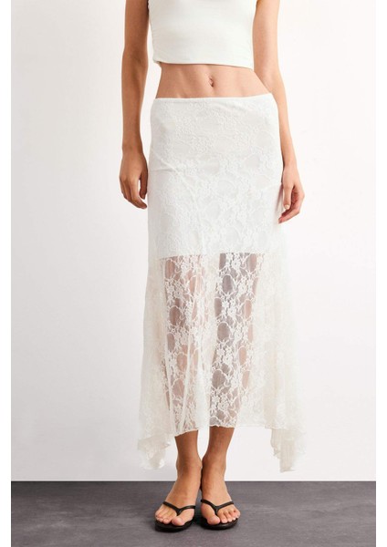 Beli Lastikli Yarım Astar Dantel Midi Etek F8041AX25SM