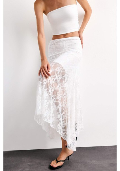 Beli Lastikli Yarım Astar Dantel Midi Etek F8041AX25SM