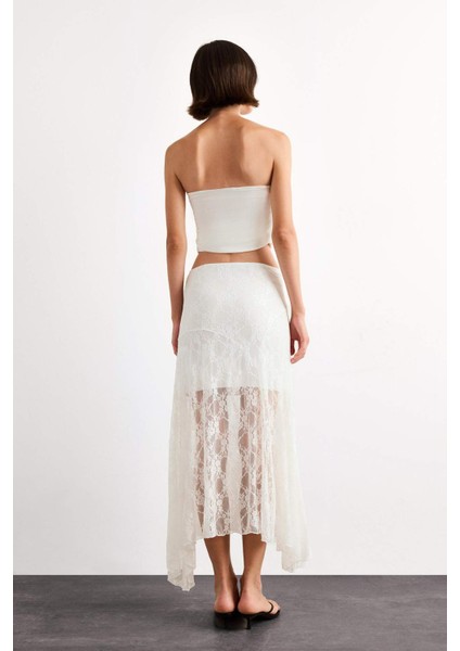 Beli Lastikli Yarım Astar Dantel Midi Etek F8041AX25SM