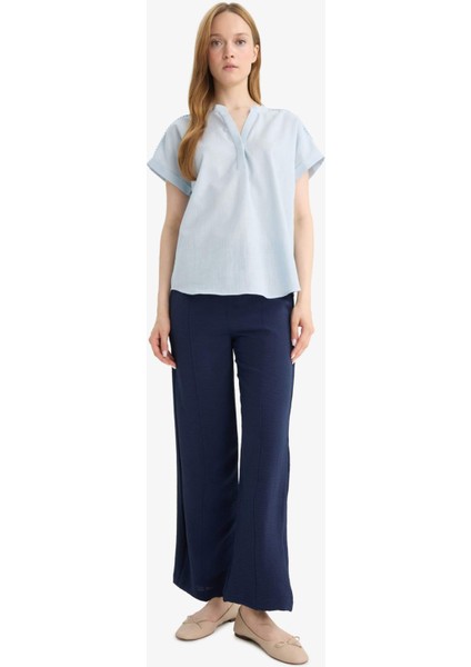 Regular Fit Bisiklet Yaka Flamlı Pamuk Kısa Kollu Bluz F1635AX25AU