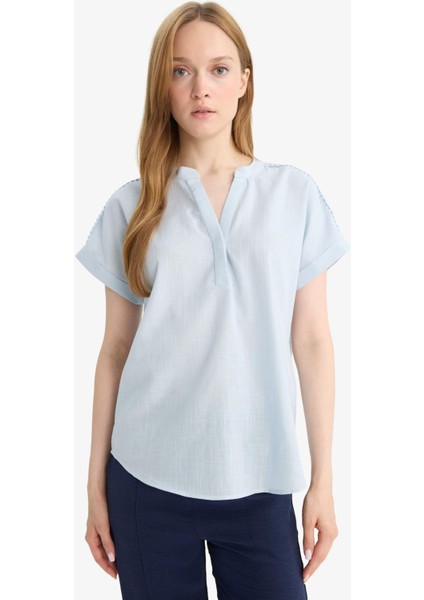 Regular Fit Bisiklet Yaka Flamlı Pamuk Kısa Kollu Bluz F1635AX25AU