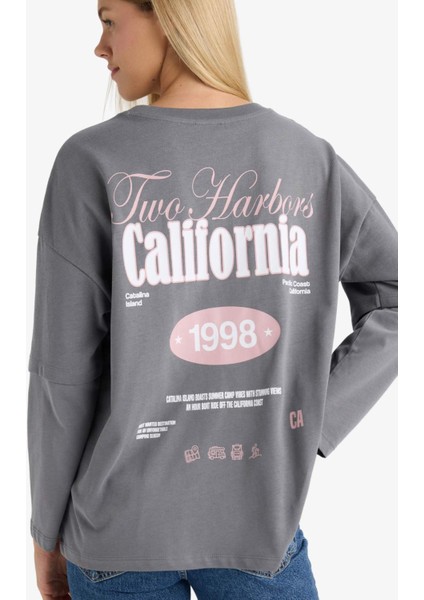 Loose Fit Bisiklet Yaka Sırt Baskılı Uzun Kollu Tişört F8914AX25AU