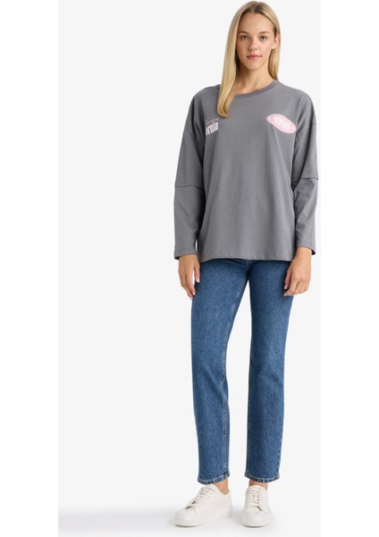 Loose Fit Bisiklet Yaka Sırt Baskılı Uzun Kollu Tişört F8914AX25AU