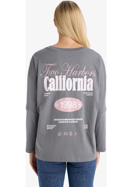 Loose Fit Bisiklet Yaka Sırt Baskılı Uzun Kollu Tişört F8914AX25AU